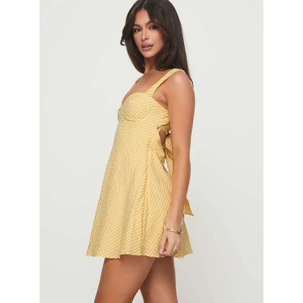 Princess Polly Yellow & White Gingham McBeath Mini Dress Tie Back Summer Preppy - Picture 3 of 13